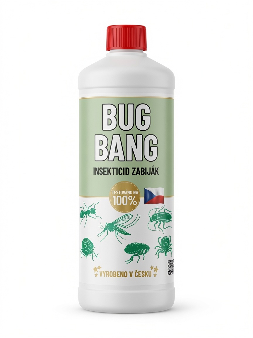 Láhev insekticidu s červeným uzávěrem, zeleno-bílým štítkem „BUG BANG“ a ilustracemi hmyzu.